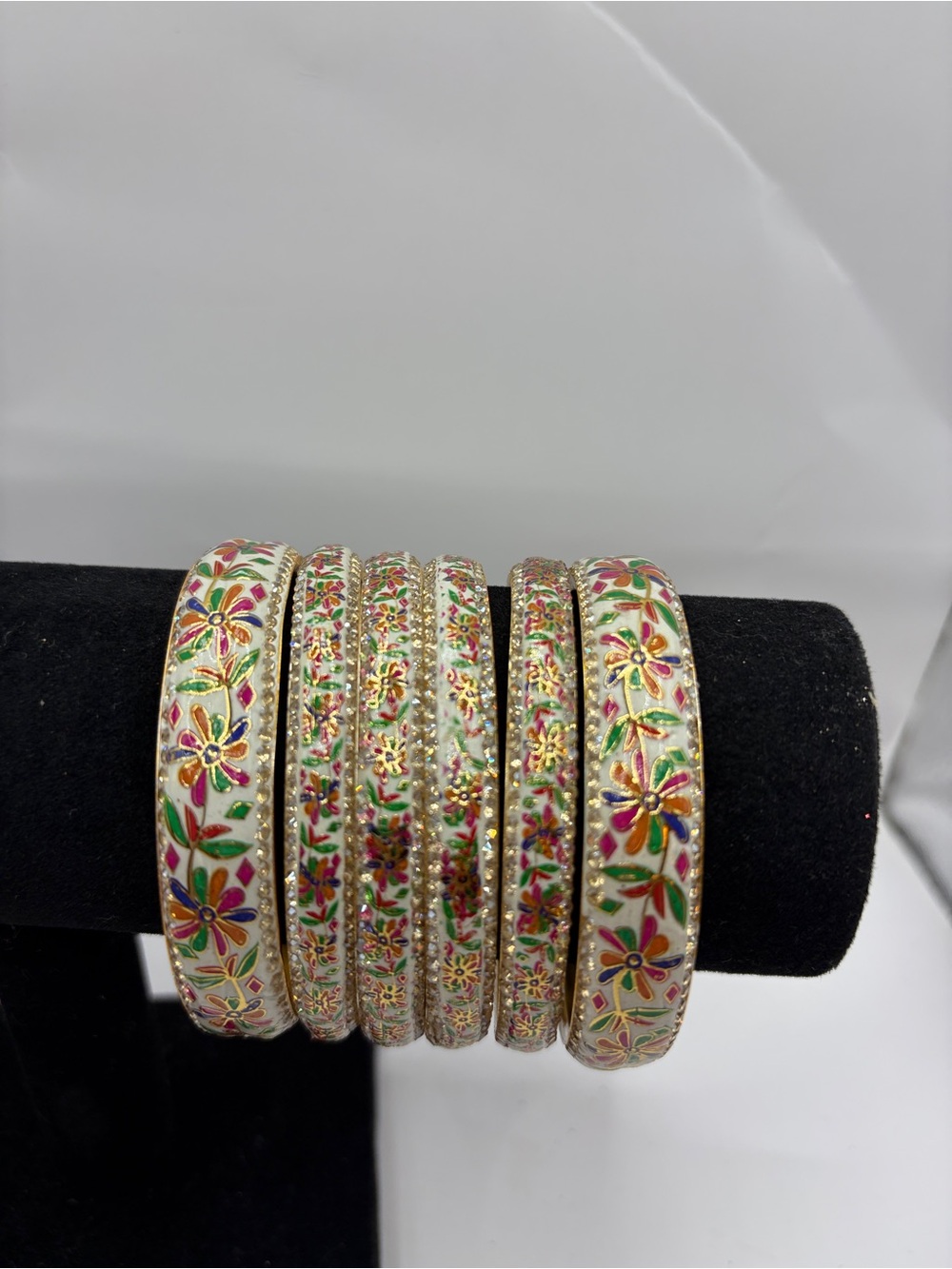 Hand-Painted Floral Enamel Bangle Set in White and Multicolor